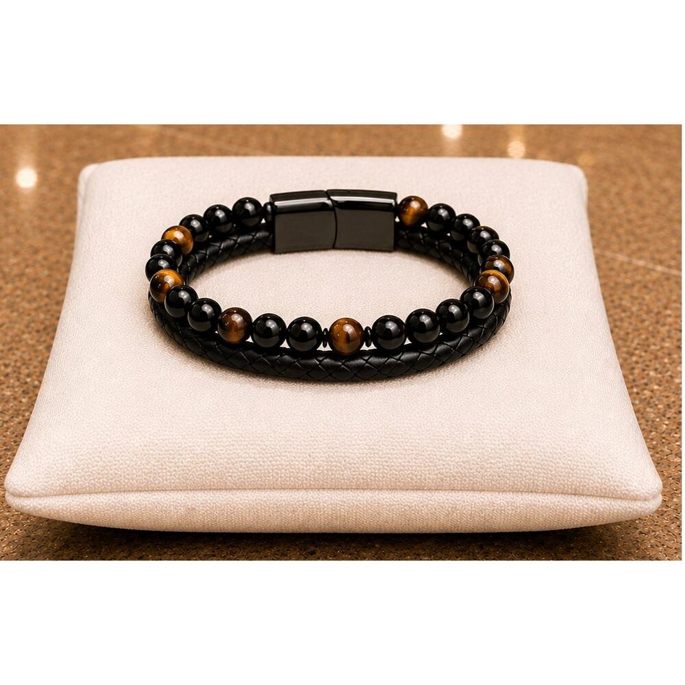 Unisex Double Layer Beaded Faux Braided Leather Yellow Tiger Eye Bracelet